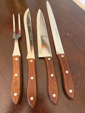 Vintage Interpur Japan Stainless Steel Carving Set 3 Knives 1 Fork Wood Handle